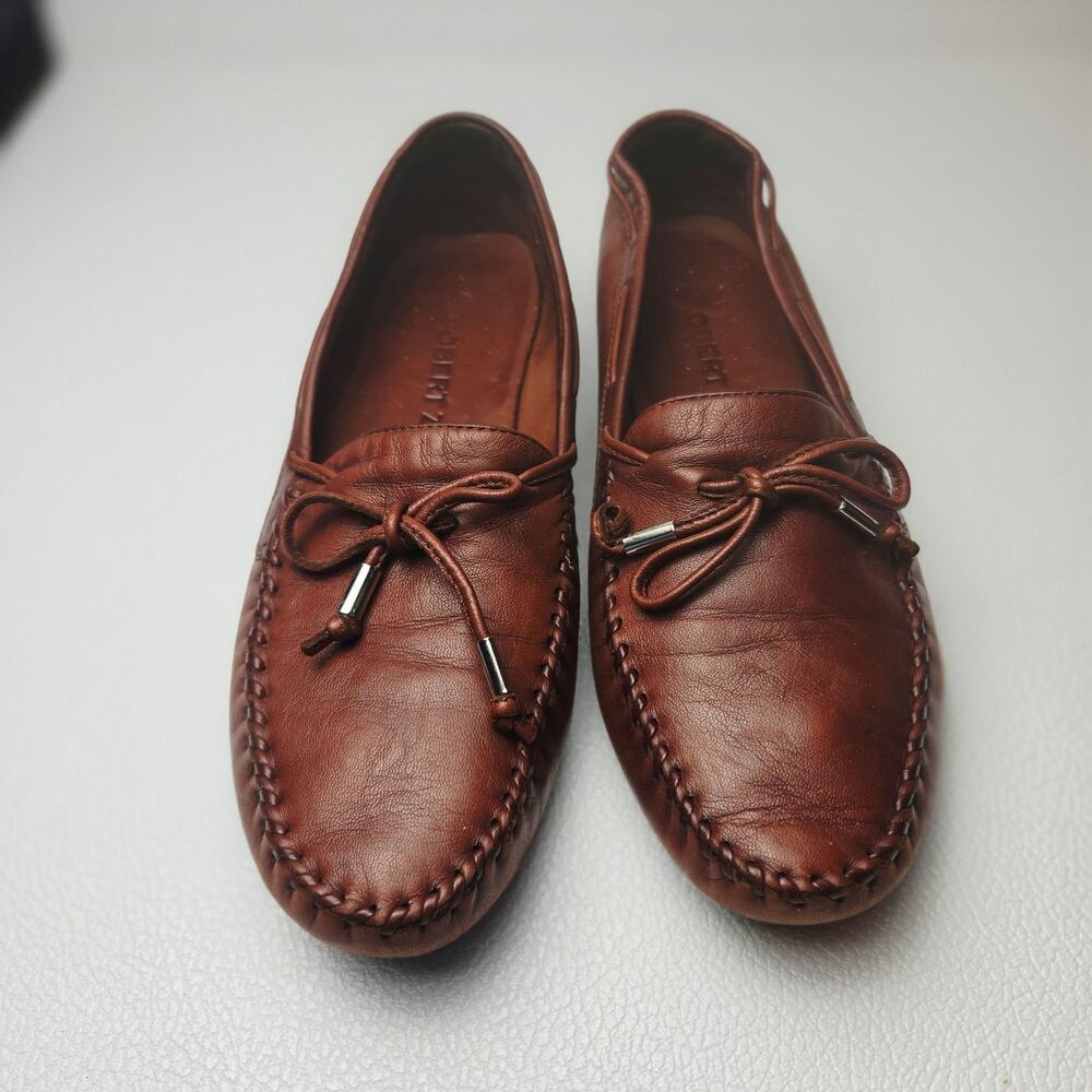 Robert Zur Flats Womens 7.5 Brown Leather Moccasin Driving Bow Slip On Loafers